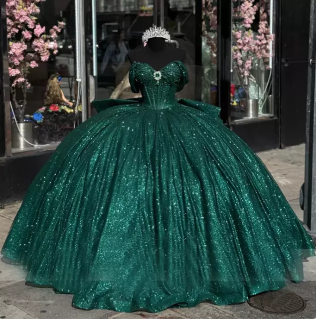 Vestido de Bola Verde Esmeralda Quinceañera Vestidos Corsé Vestido Cuentas de Brillo Estrás 3
