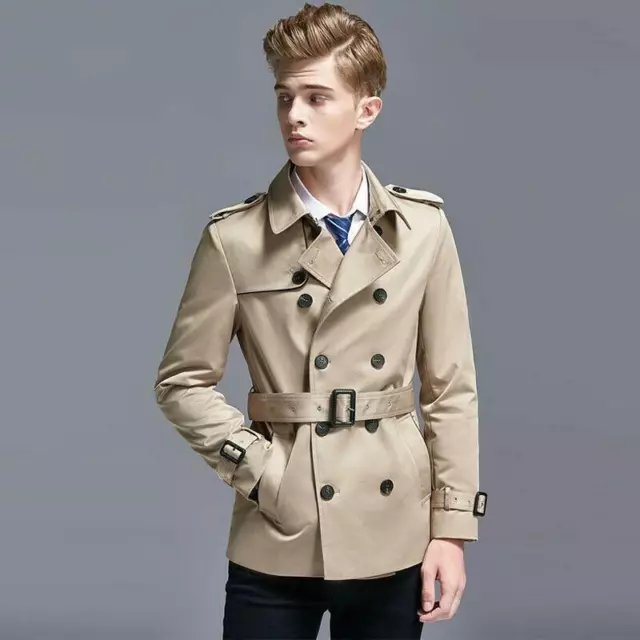 New Korean Fashion Mens Double Breasted Jackets Lapel Slim Fit Short Trench Coat