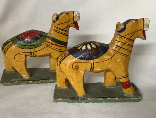 Vintage Set Of 2 Handpainted Carved Wood Camels