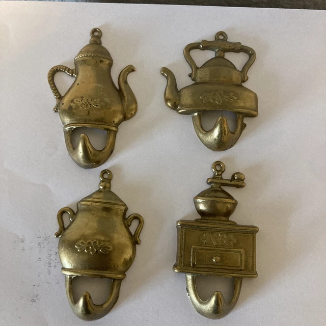 4 Brass Teapot ,coffee Wall Hook Kettle Decorative Ornate Hanger 3" Vintage