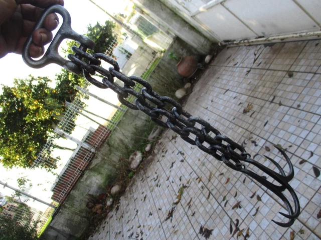 Antique Wrought Iron 2 Double Hook With Chain Hanging Kitchen Rustic Farm Tool 14