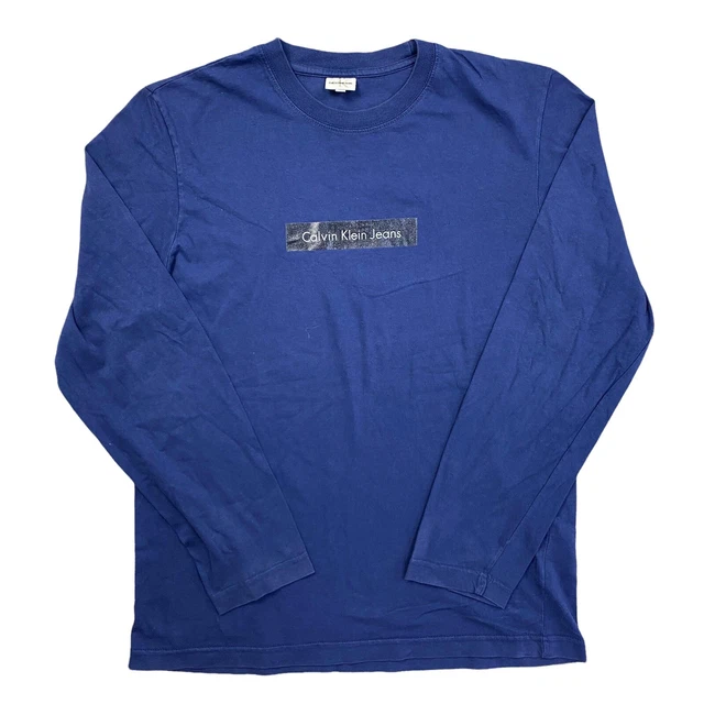 T-shirt blu Calvin Klein anni 00 grande logo cotone manica lunga donna XL
