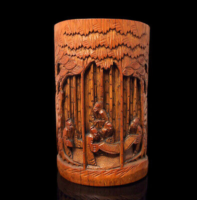 Old antique 1850-99 Chinese Bamboo Brush pot Bitong hand carved with old people