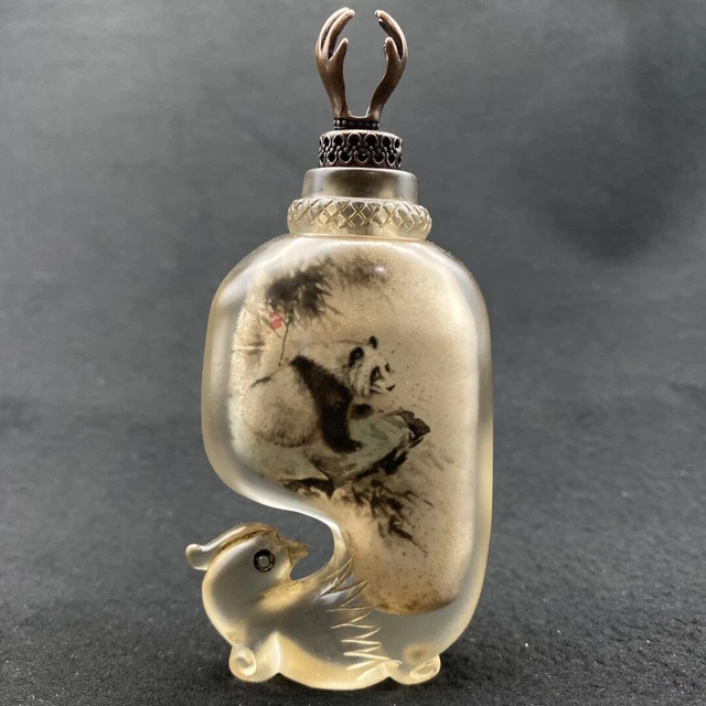 Chinese Old Beijing Glaze Inside Painted Panda Pattern Beautiful Snuff Bottle