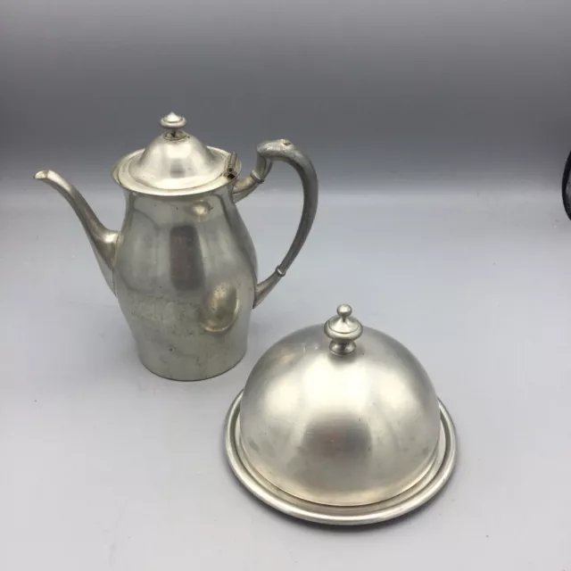 Lot-Pilgrim Crowned Solid Art Pewter # 897 JF Vintage 8" Teapot-Serving Dish