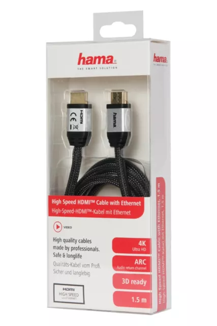 Hama HQ High-Speed Câble HDMI 1,5m 2.0b Tissu Plaqué Or 4K UHD HD TV HDR Arc 3D 2