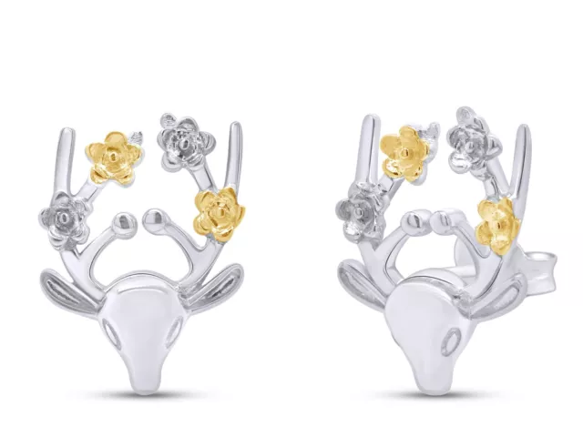 Swamp Deer Two Tone Stud Earrings For Womens 925 Sterling Silver