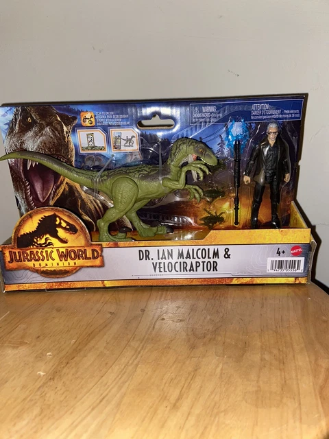 MATTEL JURASSIC WORLD Dominion Dr. Ian Malcolm & Velociraptor Dinosaur