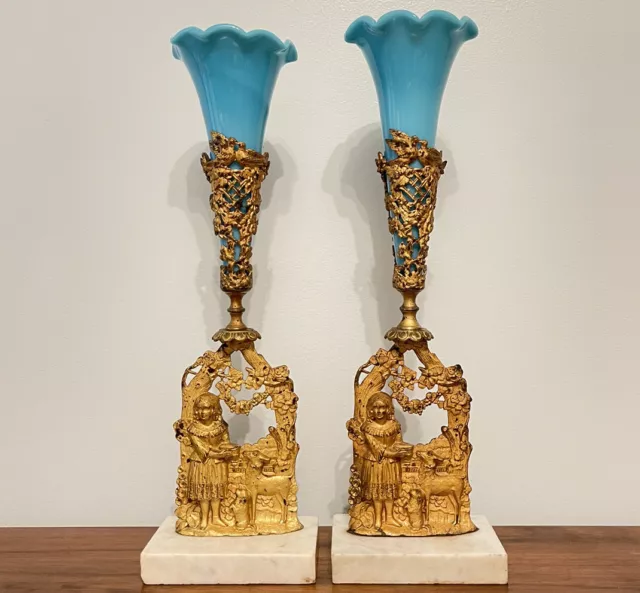 17” Antique Blue Glass Epergne Vases Marble Mantle Set Gilt Metal Belle Epoque