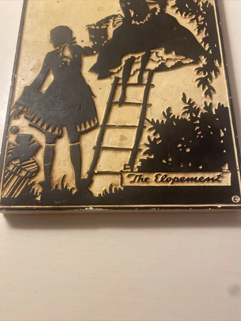 Vintage Painted Silhouette Plaster Of Paris Tile "The Elopemen"  1930' 8.5" x 5" 3