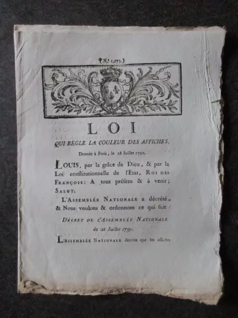 FRANCE décret des lois N° 1073 du 18 juillet 1792 bon état lot JO99 100