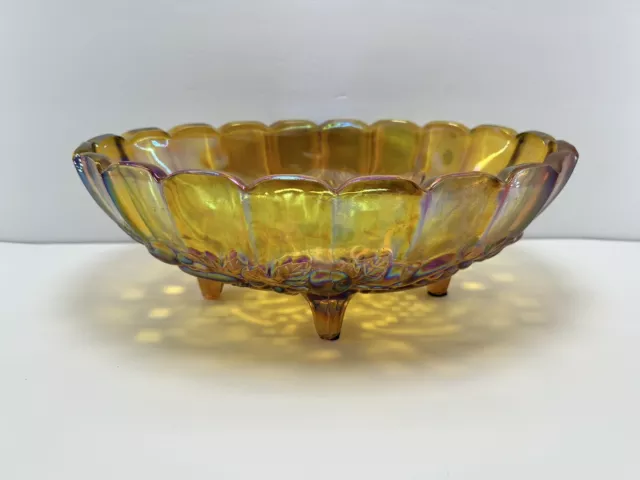 VTG Indiana Iridescent Carnival Glass Fruit Bowl Oval Harvest Grape Amber Footed