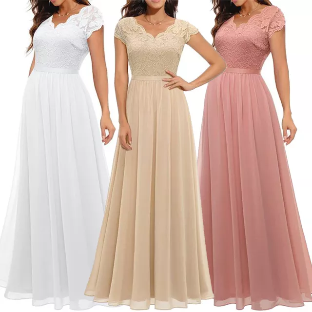 Women Maxi V-Neck Formal Dress Bridesmaid Lace Chiffon Long Wedding Party Gown@