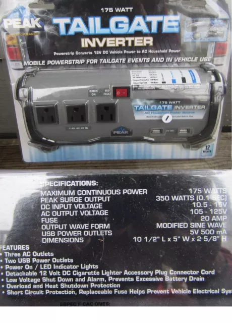 NEW PEAK 175 watt TAILGATE POWER INVERTER -- power strip for truck beds