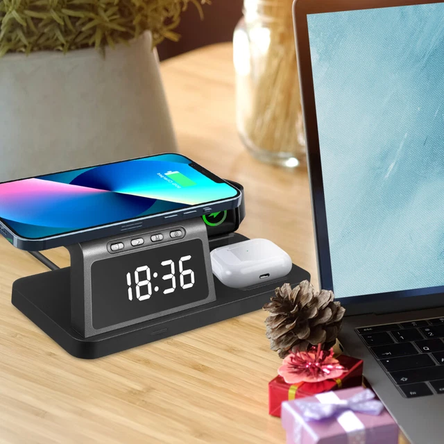Wireless Charger Station 4In1 Digital Alarm Clock For Watch Air Pod iPhone