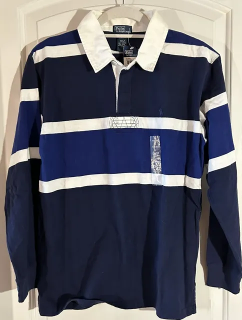 Ralph Lauren Polo Boys Blue White Striped Rugby Shirt Brushed Cotton Boy’s 16-18