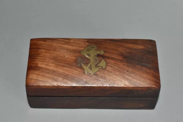 Old small antique wooden box box brass maritime lid box 10 cm compartment #A4