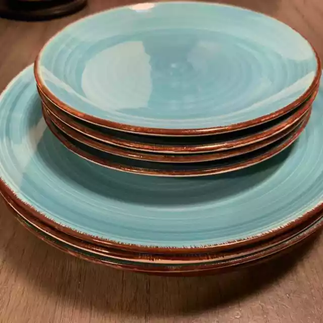Royal Norfolk Dinner Salad Plate Turquoise Blue Swirl Stoneware 10.5" (Set of 8)