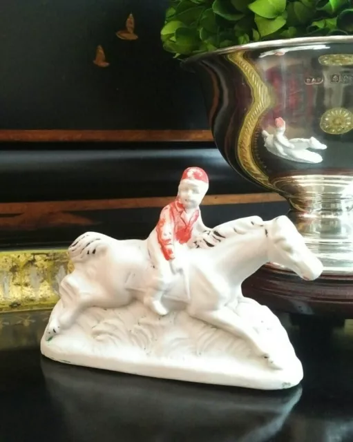 Darling Rare 19C English Staffordshire Equestrian Polo Jockey Hunt Horse 3.75” 3