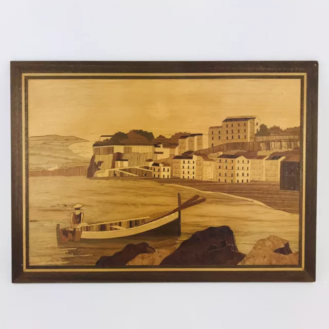 Marquetry Wood Inlay Wall Art Picture Plaque Beach Boat Coastal Scene Italy