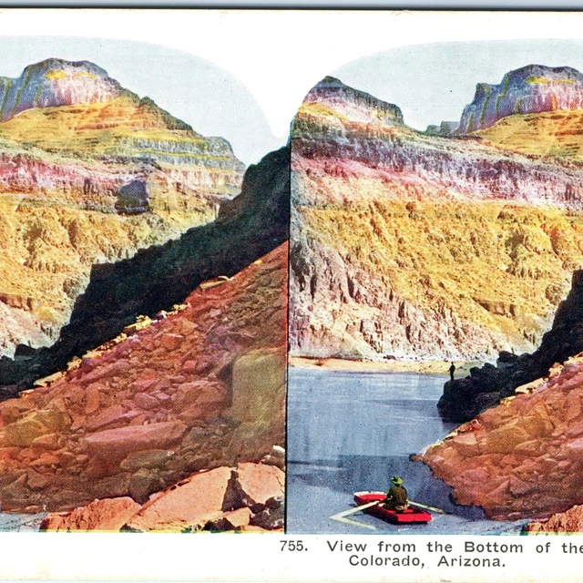 c1900s Bottom of Grand Canyon Colorado River Arizona Man Boating Stereo Card V19
