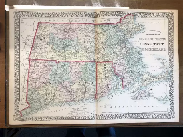 Mitchell's 1874 New General Atlas MAP Massachusetts Connecticut Rhode Island