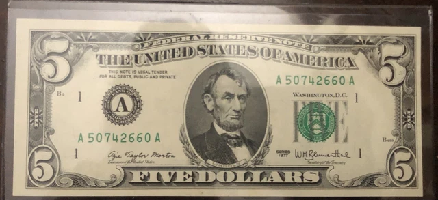 1977 Five Dollar Federal Reserve Note FRN UNC 5 Dollar Bill US
