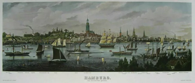 Hamburgensie handkoloriert -Hamburg von Steinwerder -Großes Panorama n. Gottheil