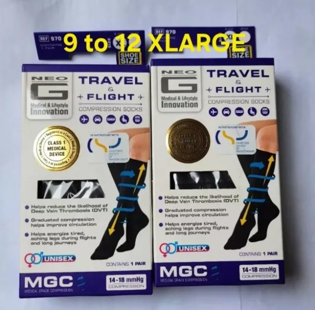 2x Neo G Travel and Flight Compression Socks Medium BLACK UK Size 9-12 XL