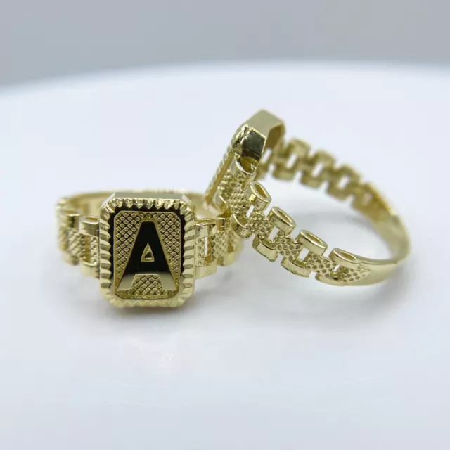 10k Solid Gold Square Initial Letter Alphabet Ring with Rolex Band for Women/Men