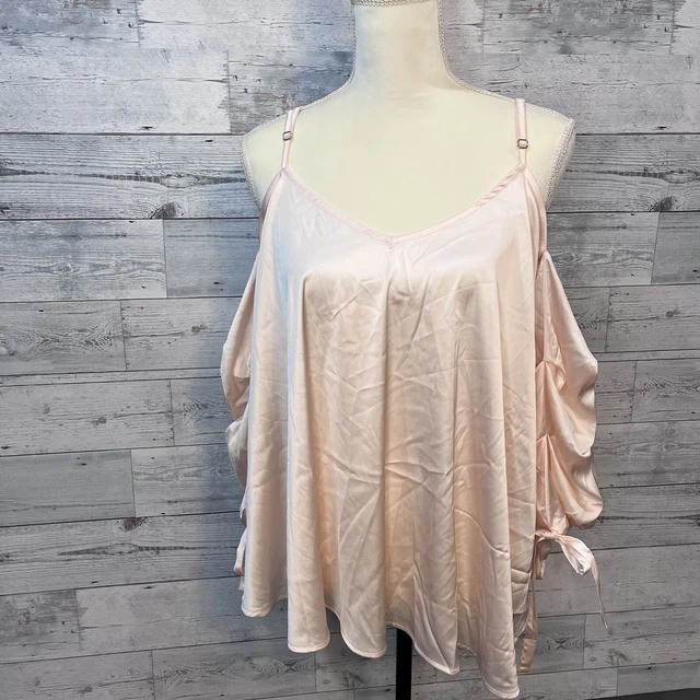 Forever 21 Blush Blouse Faux Satin Silk Cold Shoulder Adjustable Straps Size L