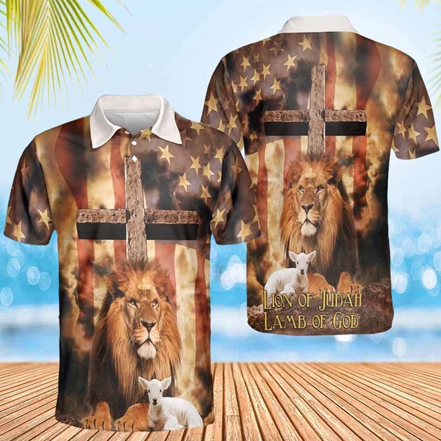 Lion Of Judah Lamb Of God American Flag Men's Polo Shirt Gift For Christian