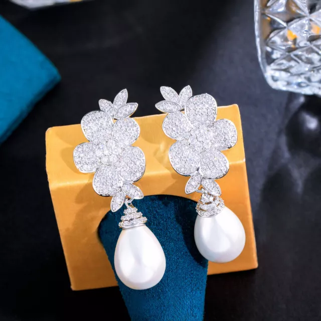 White CZ Big Flower Long Dangle Drop Pearl Earrings for Women Engagement Jewelry