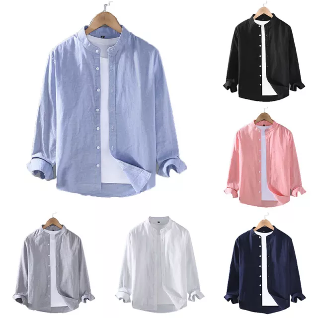 Mens Casual Cotton Linen Shirt Long Sleeve Loose Blouse Button Down Shirts Top❉