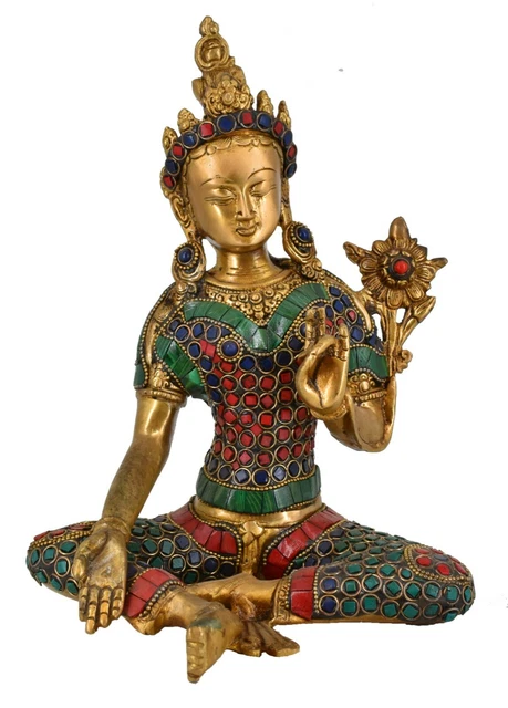 Whitewhale Brass Tara Buddha Idol Tibetan Green Buddhism Yin Kwan Home Decor
