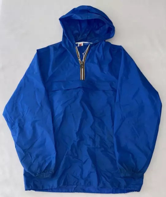 Vintage K-WAY 1970s Half Zip Hooded Rain Wind Jacket Sz 6 Packable Blue Pullover