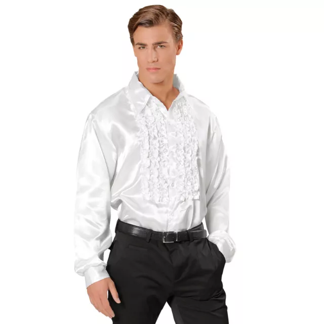 70er Anni Camicia con Volant Satinhemd Uomo Bianco XL