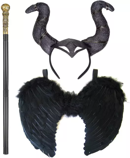 Black Angel Wings Gothic Horns Headband Gold Staff Evil Witch Halloween Costume
