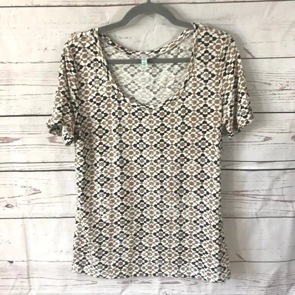 Susina Women's Black Beige Geometric Print Stretch Rolled Sleeve Tee Size Small