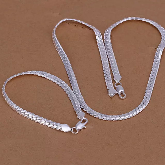 Hot 925 Sterling Solid Silver 5mm Women Men Chain Jewelry Necklace Bracelet Set