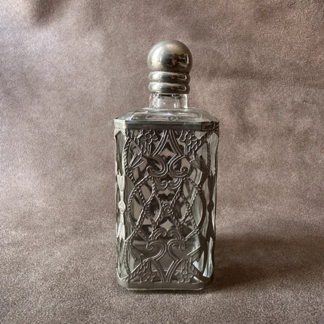 Vintage Floral Silver Plate Overlay Glass Perfume Dressing Bottle