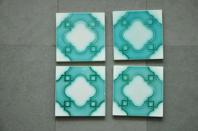 4 Pc Vintage Majolica D.K Mark Nice Design Art Nouveau Architecture Tiles,Japan 2