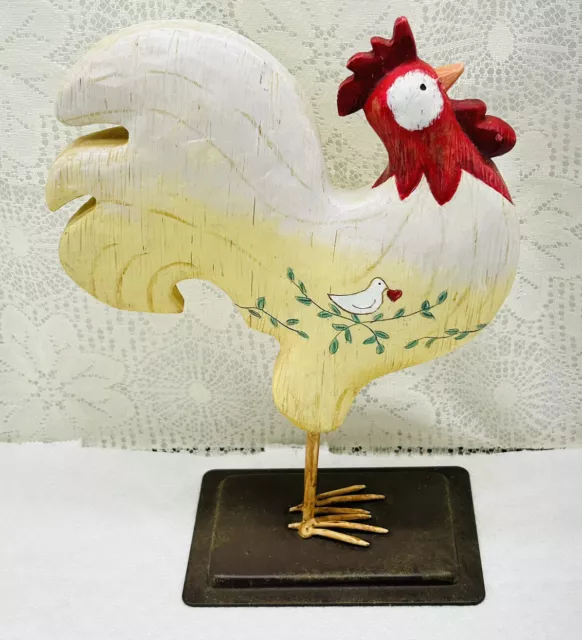 RUSS Country Folk Art Hand Painted Resin Rooster Figurine On Metal Base