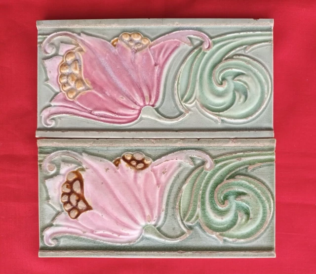 2 Piece Old Deco Art Floral Design Embossed Majolica Ceramic Tiles Japan 0264