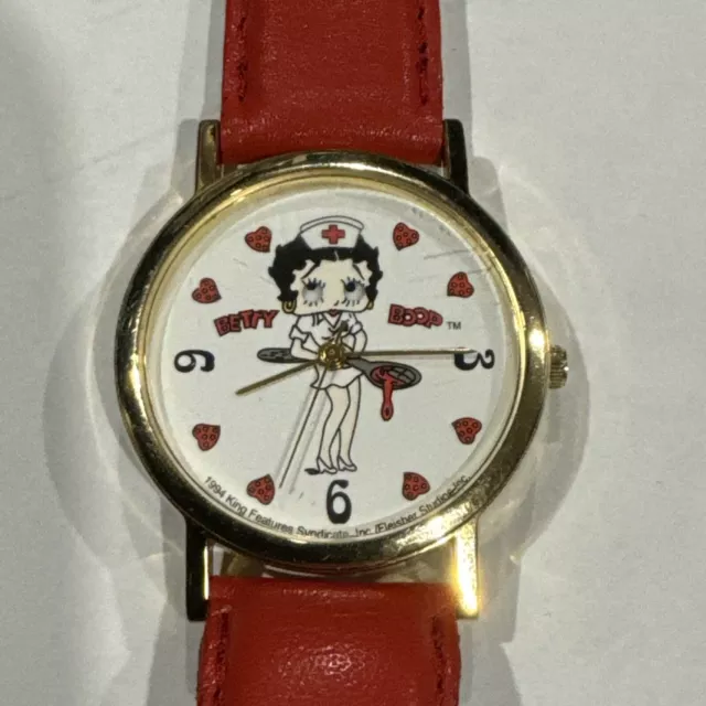 Vintage Betty Boop Watch Women Gold Tone Red Leather Band 1994 New Battery VTG