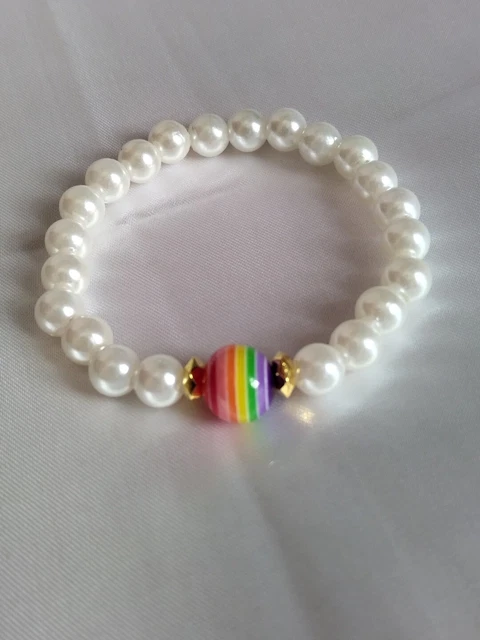 Striped Bead Bracelet Stretch Pride Jewelry Faux Pearl Gold Plated beads Rainbow