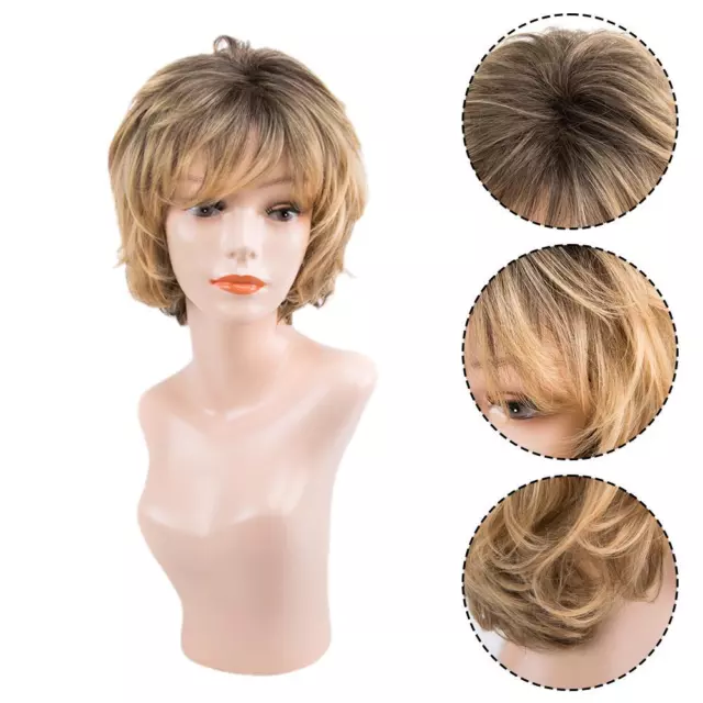 Women Daily Short Bob Natural Full Wigs With Fringe Col✨. Blonde Bang Mix W3T9