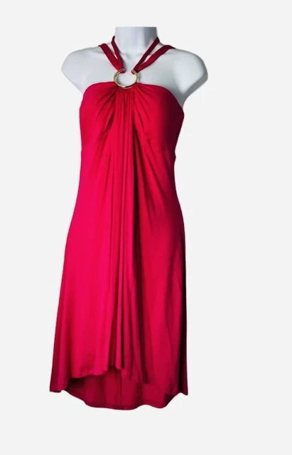 Cache Vintage Pink Fuchsia Halter Gold Dress XS