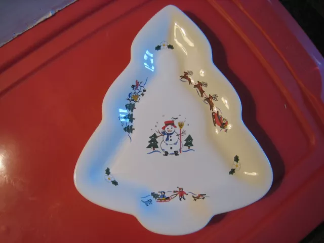 Pfaltzgraff  Snow Village Christmas Tree-Shaped Platter / Tray; Santa & Sledding