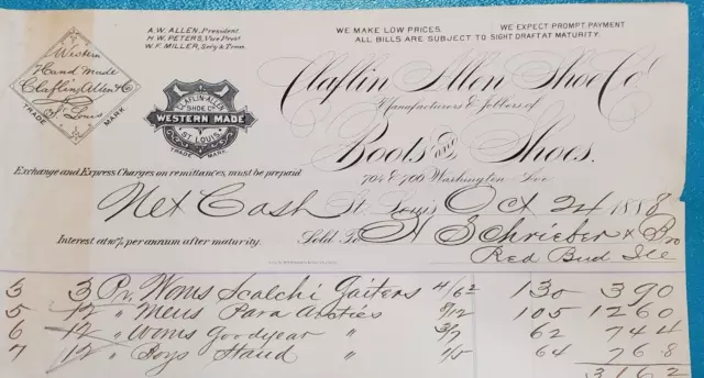 Antique Ephemera Letterhead Billhead CLAFLIN ALLEN  BOOT and SHOE 1888 ST LOUIS